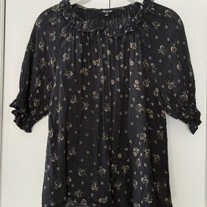 Madewell Black Floral Ruffle-Neck Button Front Blouse